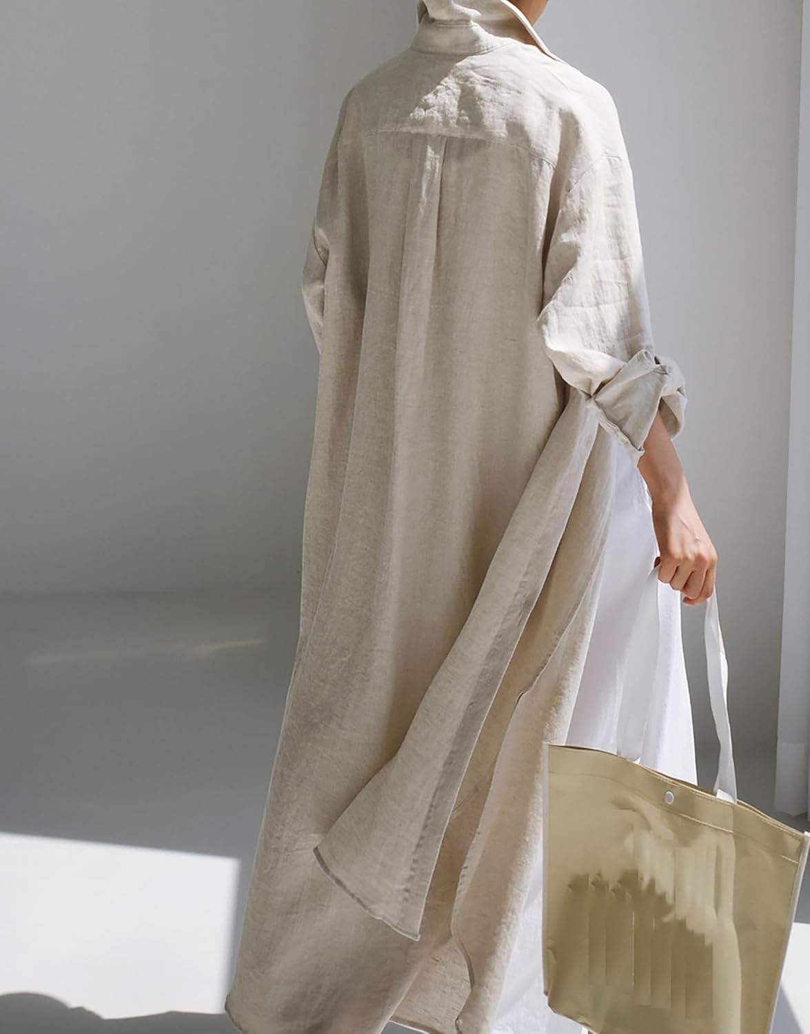 Women's Long Sleeve Side Split Button Down Loose Cotton Maxi Shirt Dress - Image 7