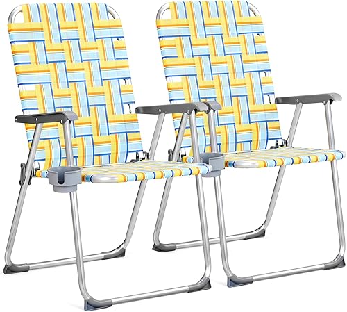Miniatura 14 de VINGLI Juego de 2 sillas plegables de aluminio de gran tamaño para patio con portavasos desmontable, silla de playa con tejido de red, silla Negro
