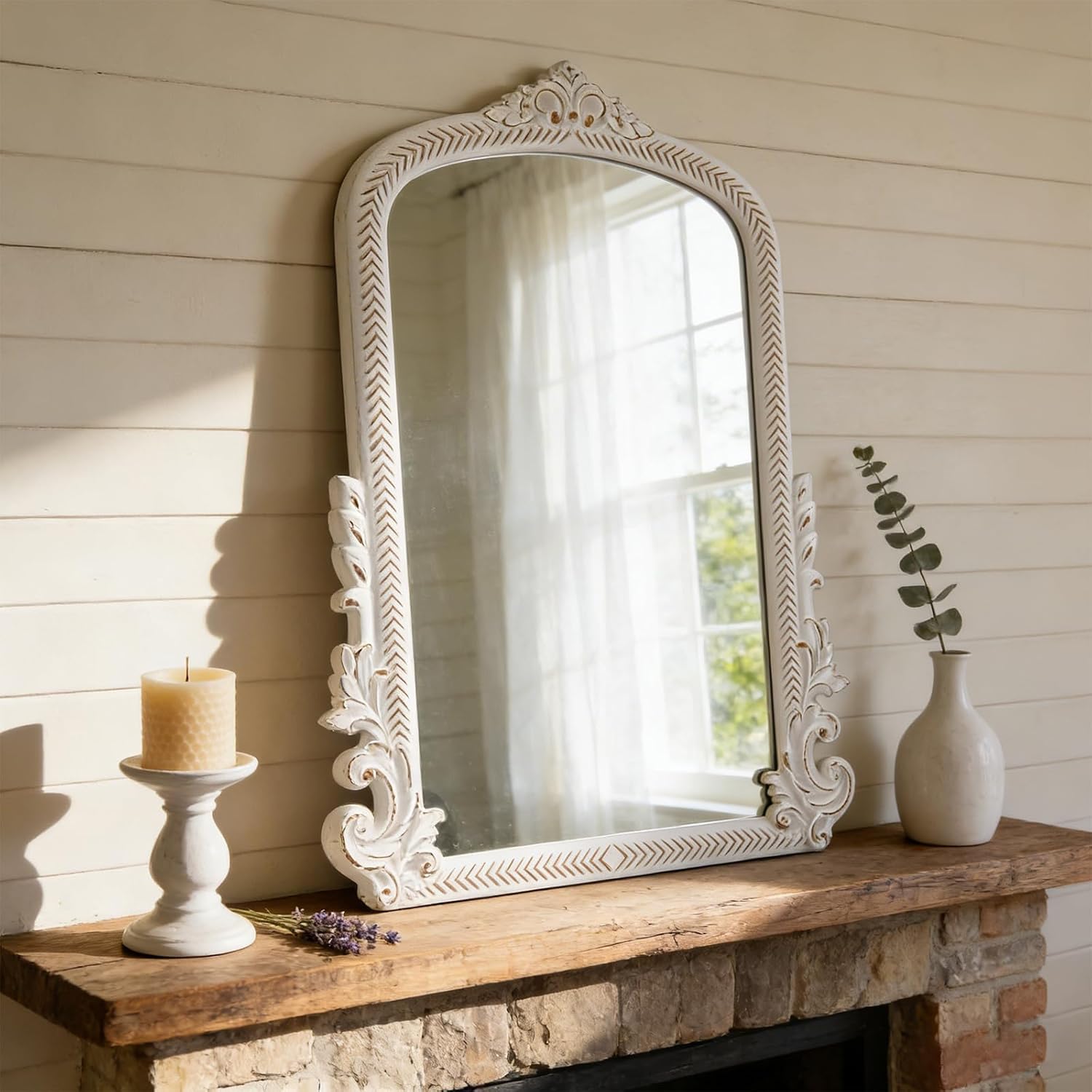 Vintage Arch Mirror 30 X 23 Inch, Hanging Distressed Rustic White Wood Frame Large Antique Vanity Mirrors for Wall Decor Living Room Bathroom Bedroom Entryway Hallway Table
