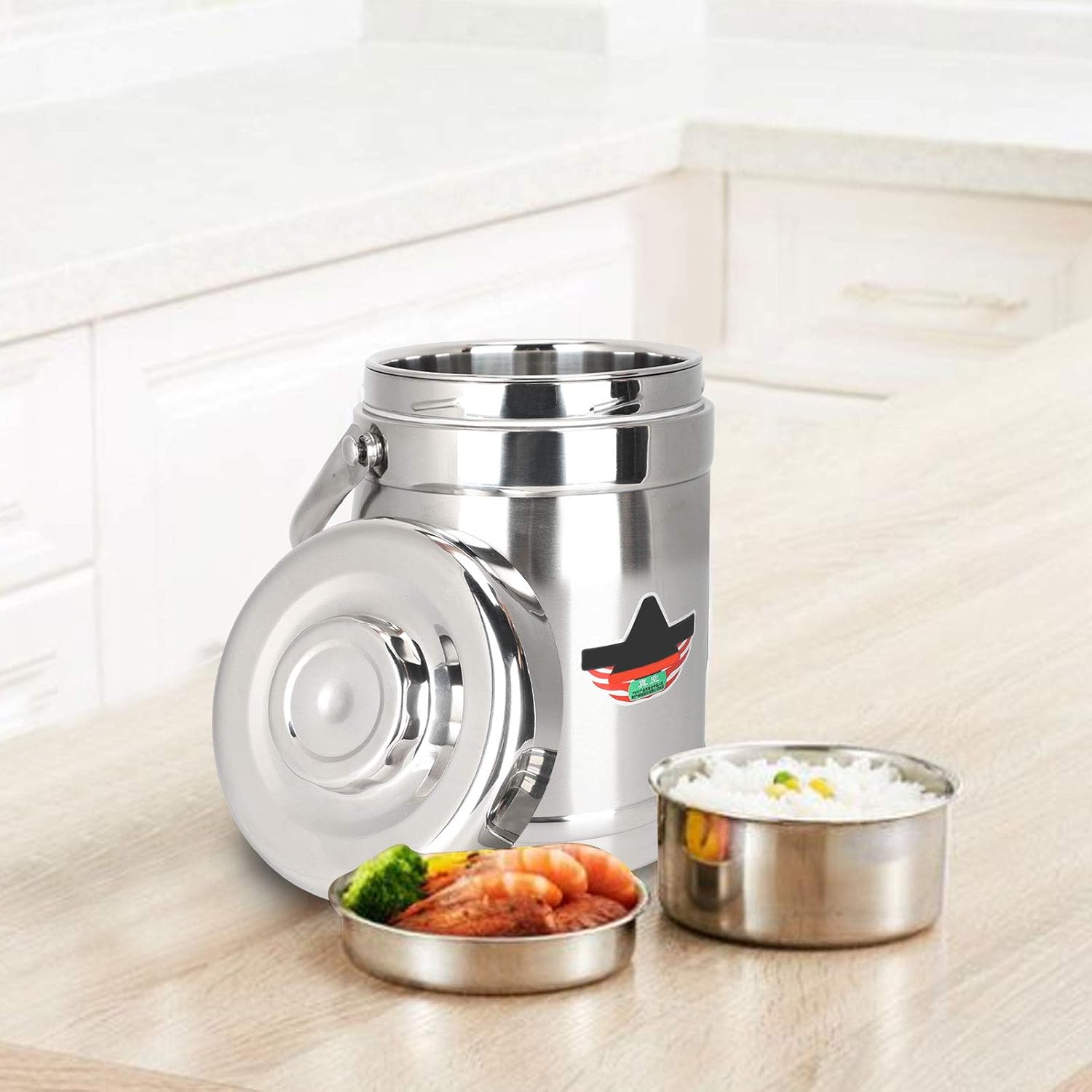 Haofy 1.8L Stainless Steel Vacuum Lunch Box with Three Tiers, Wall Insulated Hot Food Container Ergonomic Handle