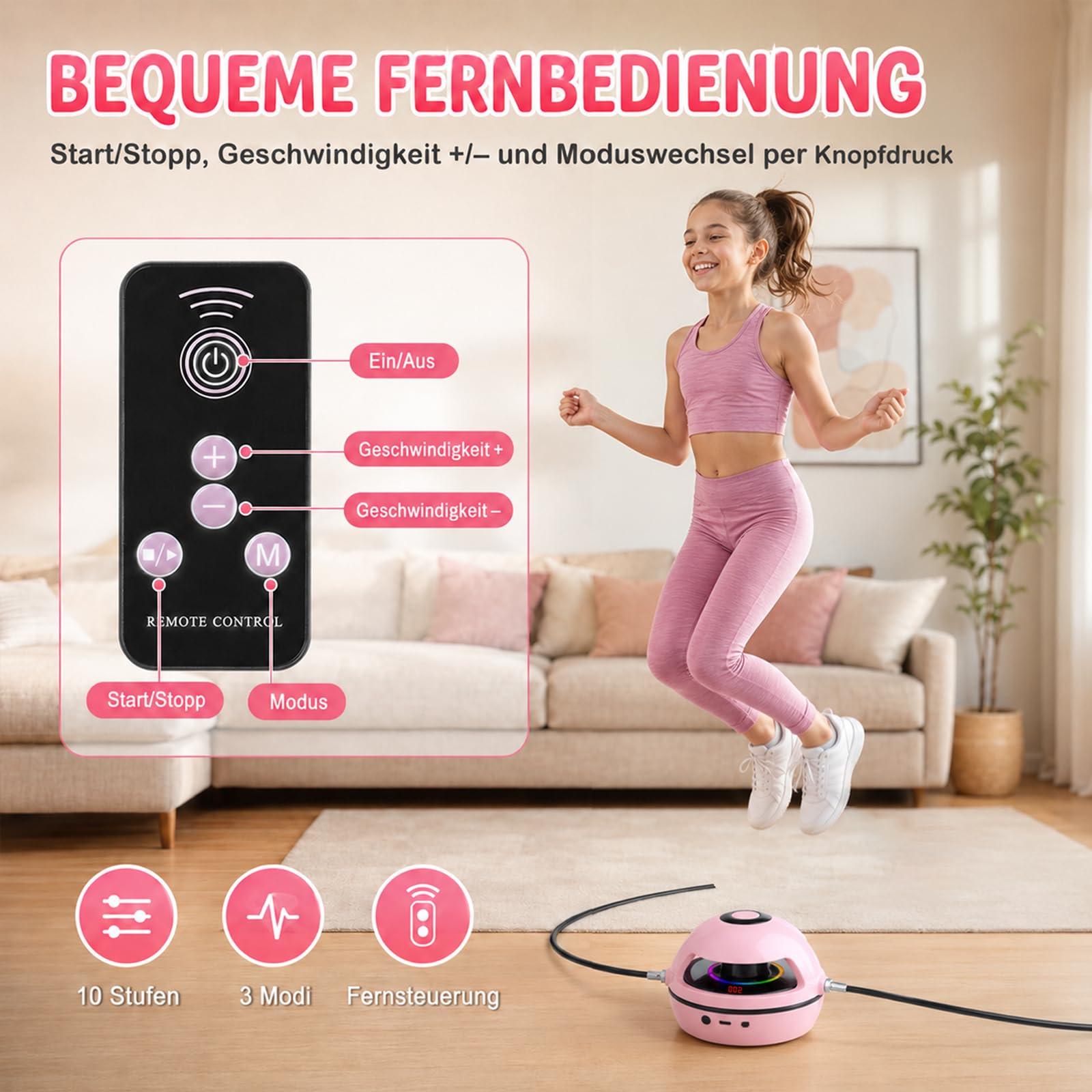 Elektronisches Springseil, Springseilmaschine mit Fernbedienung, Kinder Smartes Springseil, Mit Bluetooth & LED-Display, Trainingsgerät für Kinder und Erwachsene, 10 Stufen Geschw
