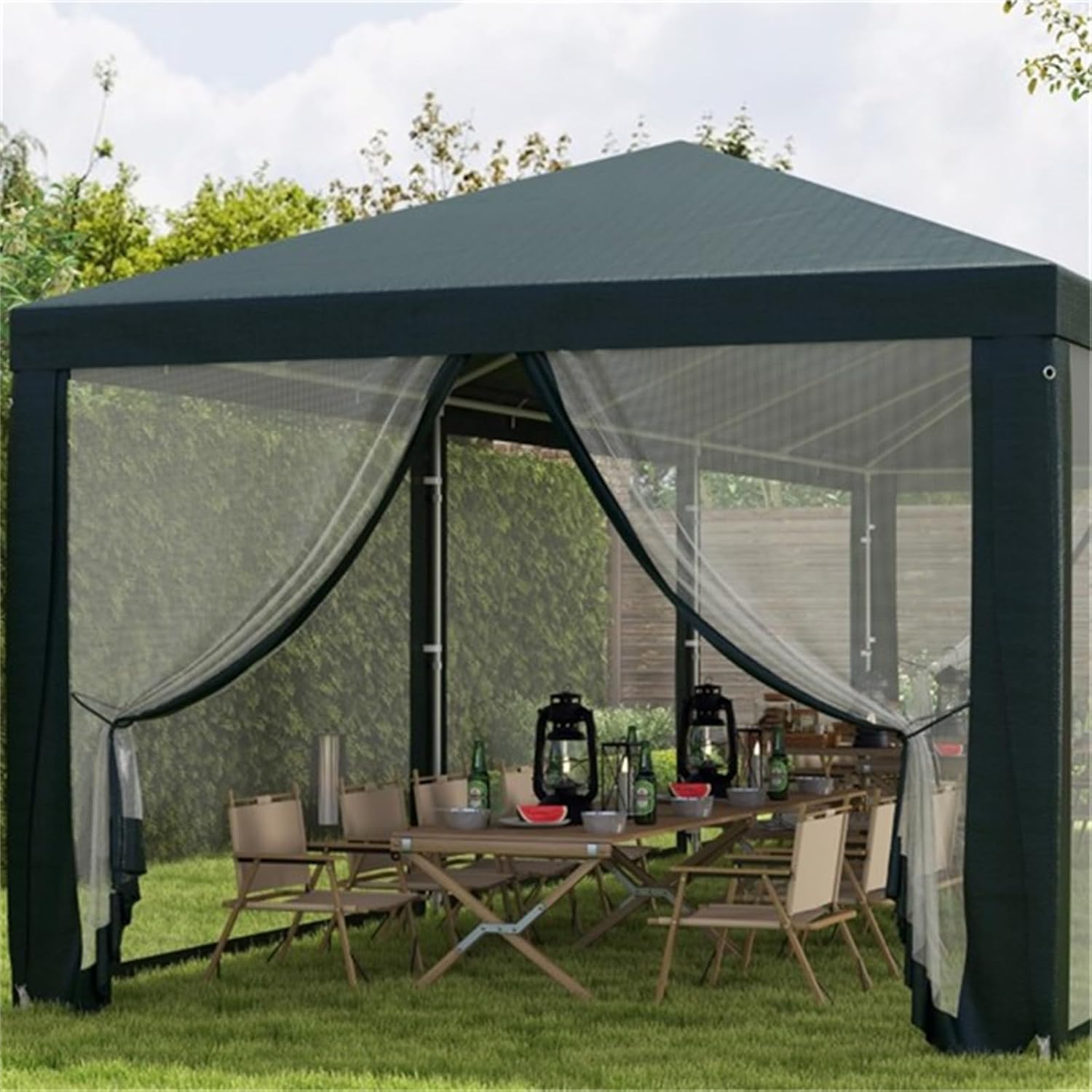 27.9' X 9.4' X 8.4' Folding Camping Tent, Large Rectangular Tent, Eight Mesh Side Walls, Front and Back Openings with Zippers, Provide Shade for Weddings, BBQs or Other Outdoor Events, Green