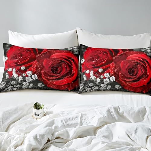 Miniatura 5 de Juego de sábanas con estampado de rosas rojas, tamaño King, ropa de cama con estampado 3D, sábanas botánicas para el día de San Valentín, juego de