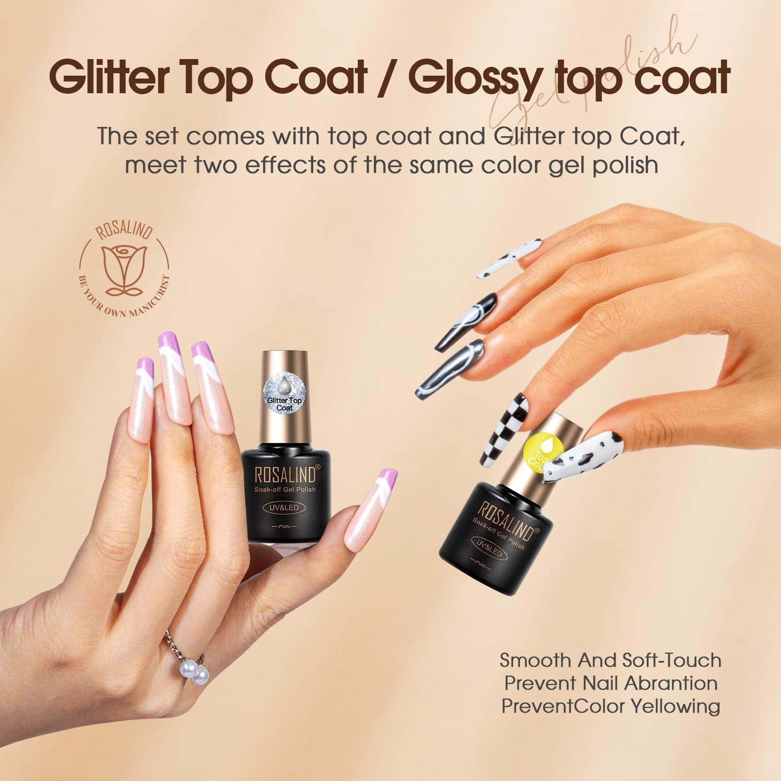 ROSALIND Base et Top Coat Vernis Semi Permanent, 8PCS Primer et Nail Prep Déshydratation Kit, Matt et Paillettes Top Coat UV LED Soak Off Vernis Gel Semi-permanent Manucure Kit