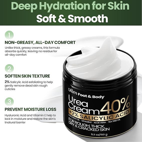 Urea Cream 40 Percent for Feet - Foot Cream for Dry Cracked Heels, 2% Salicylic Acid for Callus Remover, Maximum Strength Repair Skin, Soft & Smooth 40% Urea Lotion Moisturizer Elbows Hands Knees