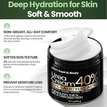 Urea Cream 40 Percent for Feet - Foot Cream for Dry Cracked Heels, 2% Salicylic Acid for Callus Remover, Maximum Strength Repair Skin, Soft & Smooth 40% Urea Lotion Moisturizer Elbows Hands Knees