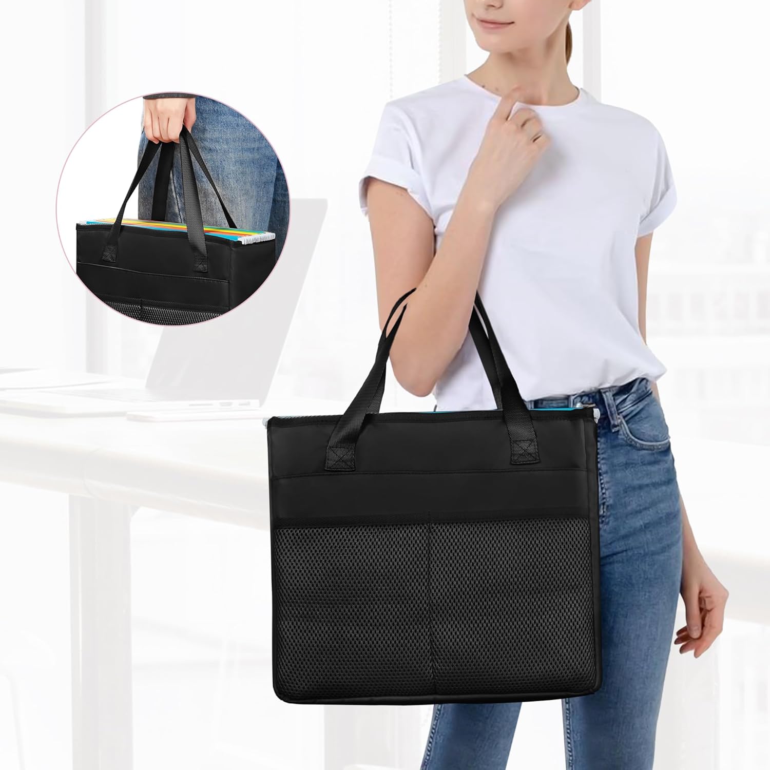File Folder Tote Bag with Handle, Portable Document Organizer Box for Letter Size File Folder, Folding File Case for Home Office, Black, Large