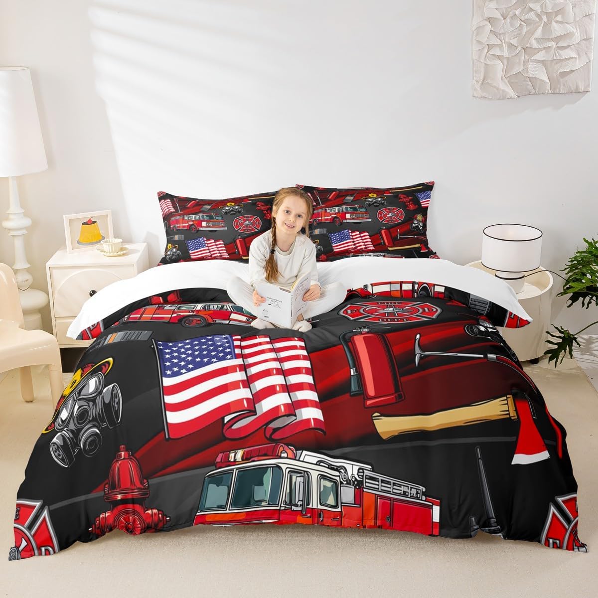 American Flag Duvet Cover Set Twin,Cartoon Fire Truck Bedding Set 2pcs for Kids Teen Boys Room Decor, Fire Fighting Supplies Comforter Cover Soft Fire Extinguisher Quilt Cover with 1 Pillowcase