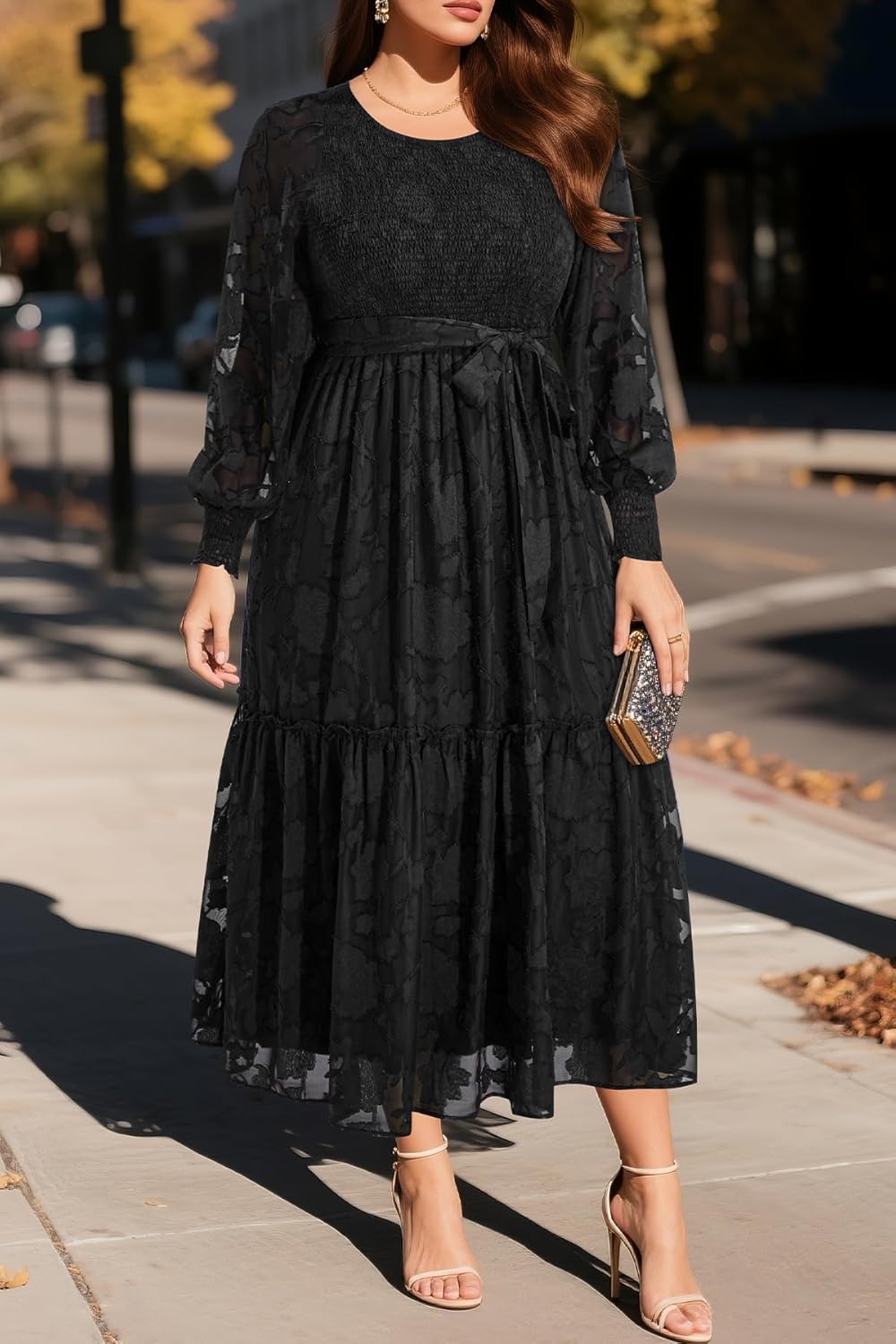 Pinup Fashion Plus Size Fall Dress - 2025 Wedding Guest Long Sleeve Floral Lace Long Dress with Belt - Image 3