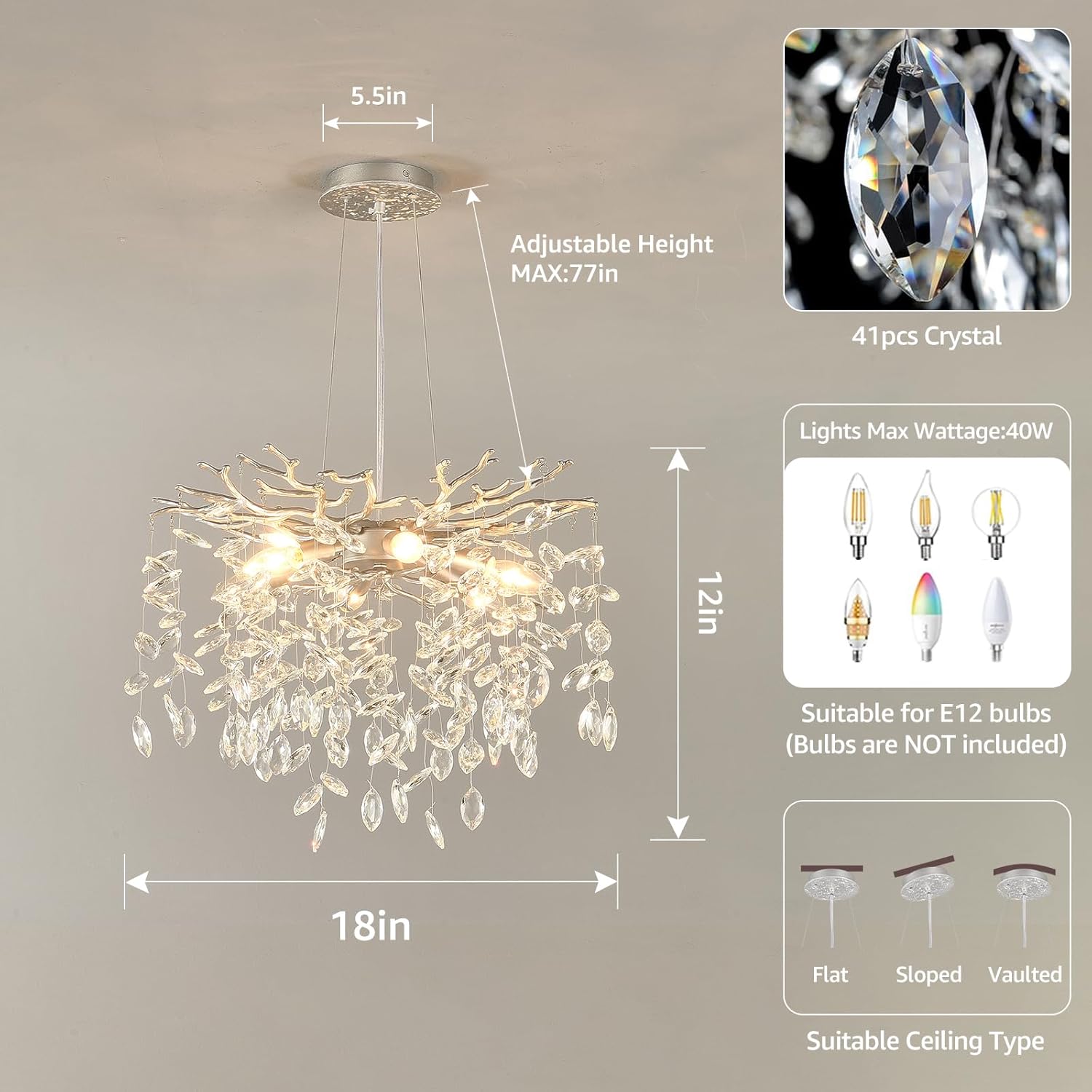EGM 18-Inch Silver Crystal Chandeliers for Dining Room, Modern Crystal Chandelier for Bedroom, 6-Light Silver Tree Branch Chandelier for Living Room, Raindrop Leaf Chandeliers for Home Décor, E12