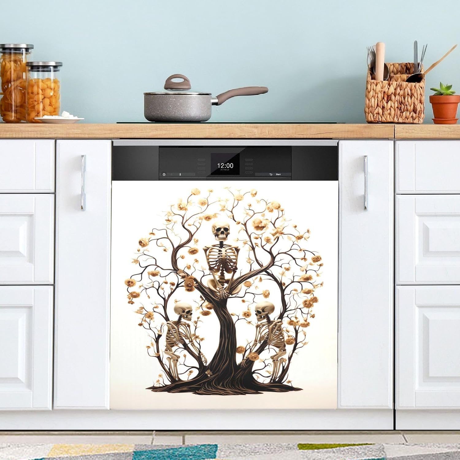 Skeleton Tree Gold Flowers Magnet Dishwasher Cover Decorative, Farmhouse Fridge Front Decal Magnet Fridge Cover 23" x 26"