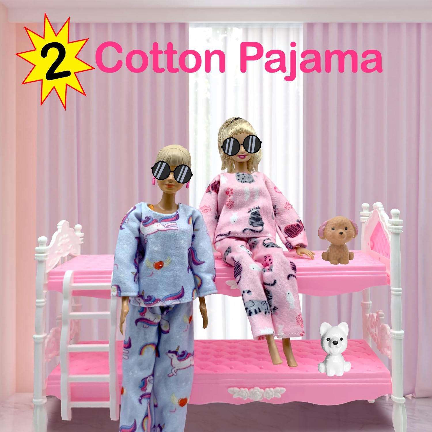 Dolls Clothes and Accessories, Bunk Bed Playset, 2 Pajamas, 2 Fashion Dresses, 2 Clothing Outfits, Bedroome Set for 11.5 inch Dolls, with 2 Blankets
