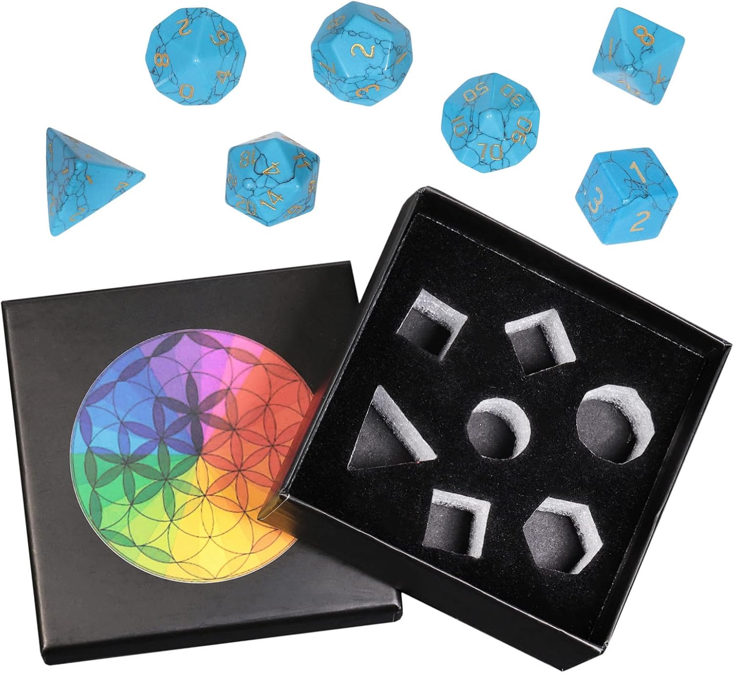 Nupuyai Healing Blue Howlite Turquoise Crystal D&D Polyhedral Dice Set with Box for Dungeons and Dragons, Set of 7 Table Top Game Dice for RPG MTG Roleplaying Collection
