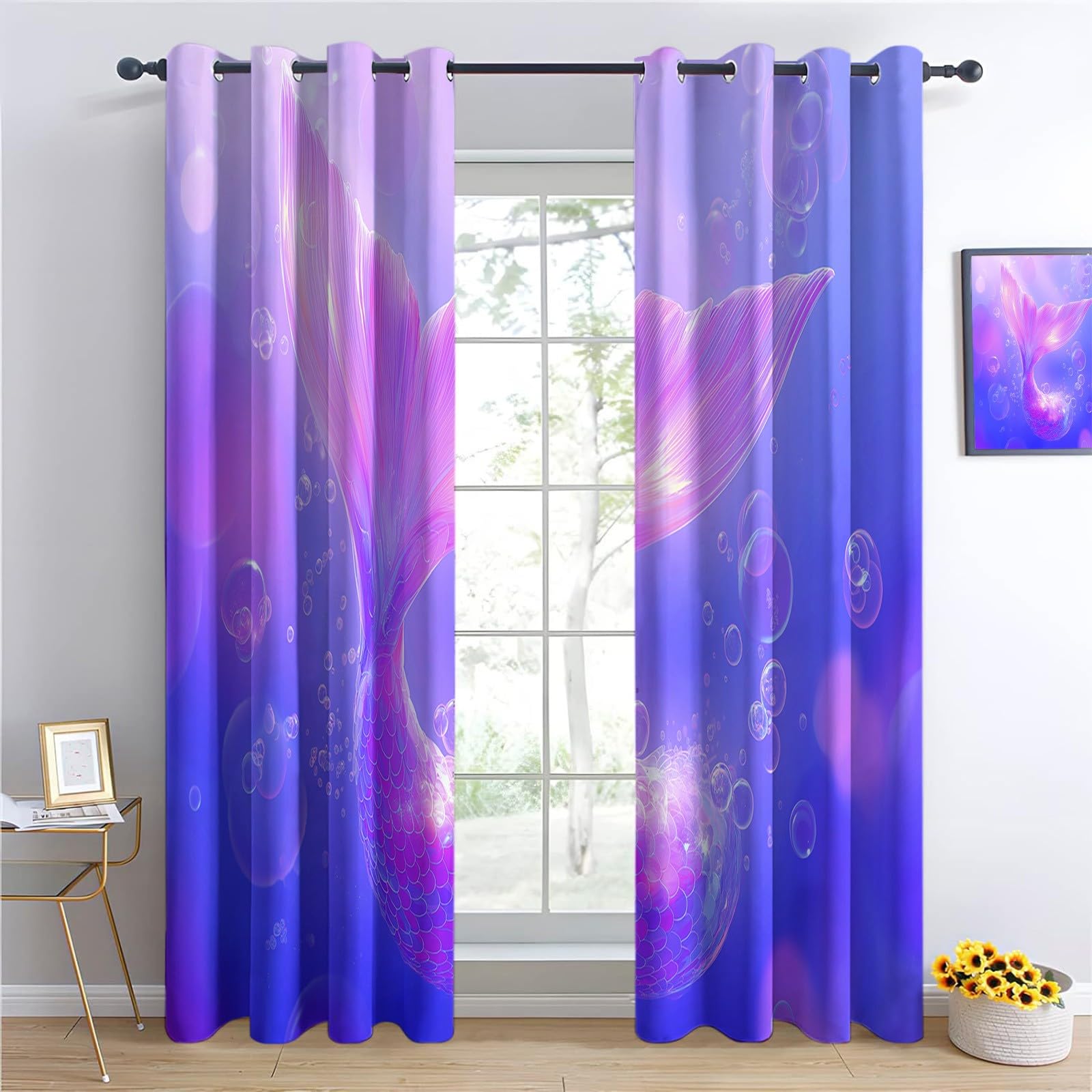 Générique Rideau Occultant pour Chambre d'enfants Fantaisie Dégradé Sirène 110 X 215 Cm (Lxh) 2 Pièces pour Maison Chambre Salon, 3D Impression Rideaux, Lavable en Machine Protection De Privée Violet