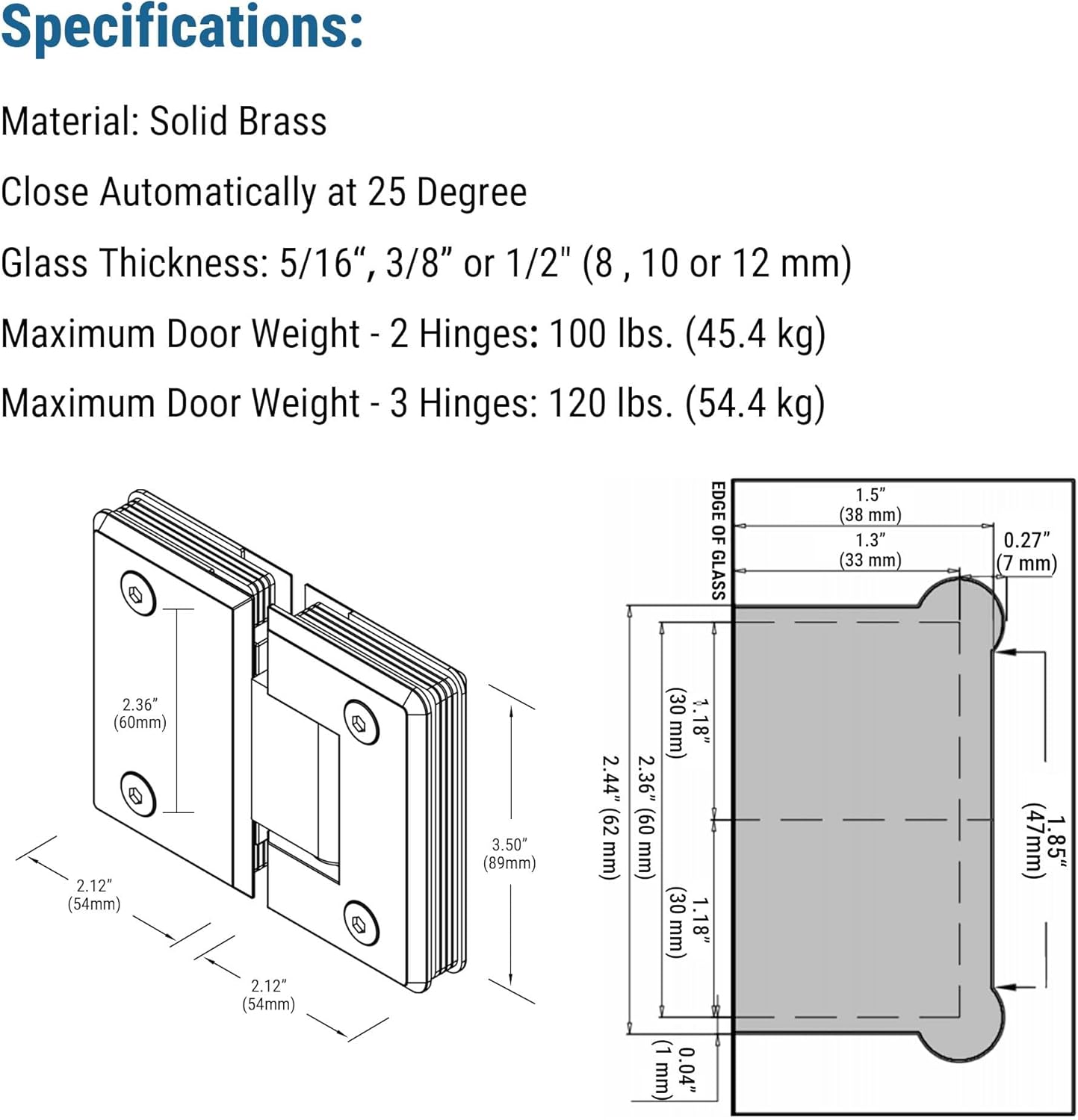 180 Degree Brass Glass Shower Door Hinges, Heavy Duty Matte Black Glass Door Hinge for Bathroom, 1 PCS Round Brass Shower Door Hinges for 5/16" to 1/2" Frameless Shower Door
