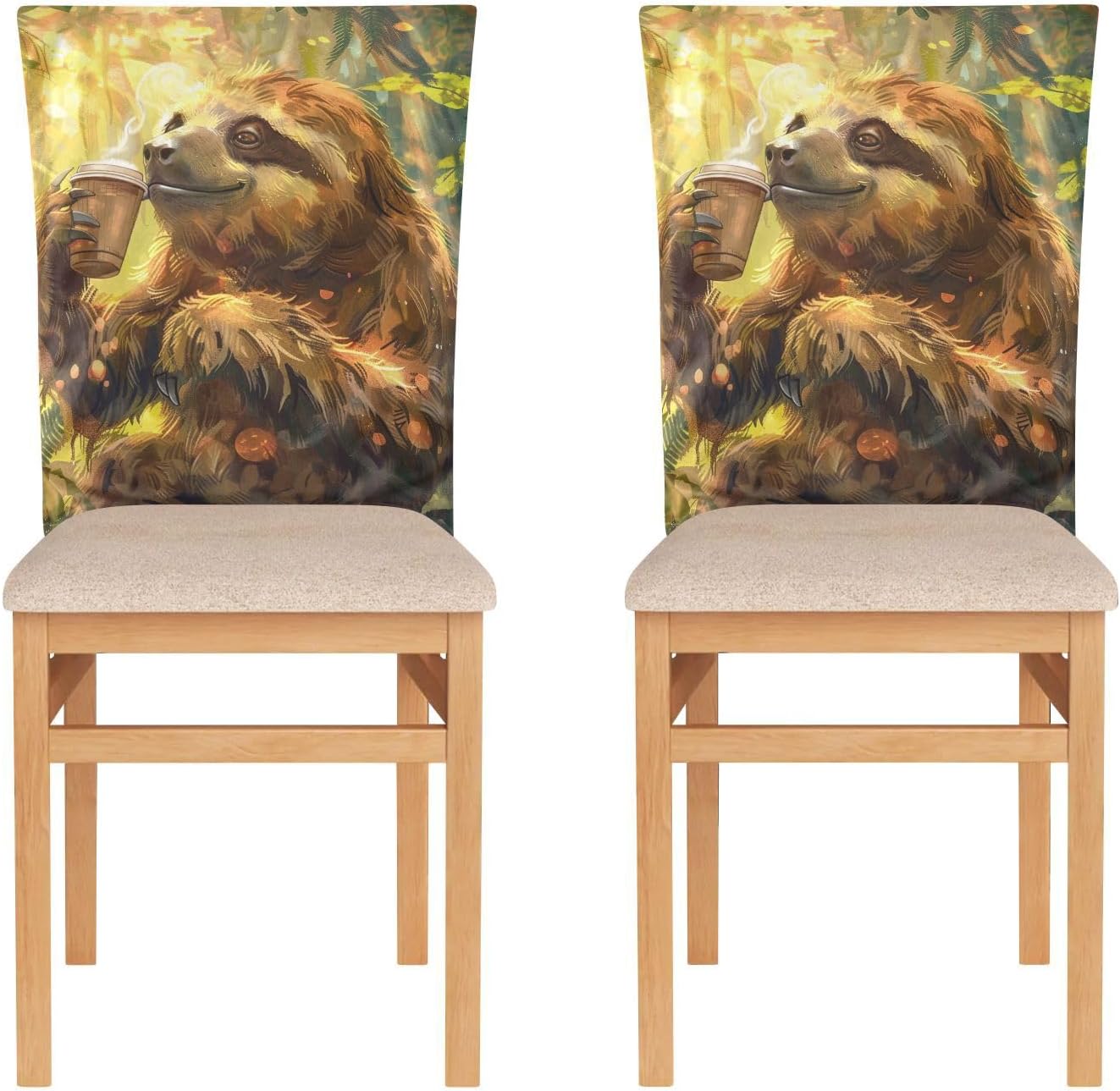 ALAZA Sloth Drink Coffee in Forest Chair Back Cover Set of 6, Washable Reusable Removable Chair Slipcovers Decorative Chair Cover for Home Kitchen Wedding Party