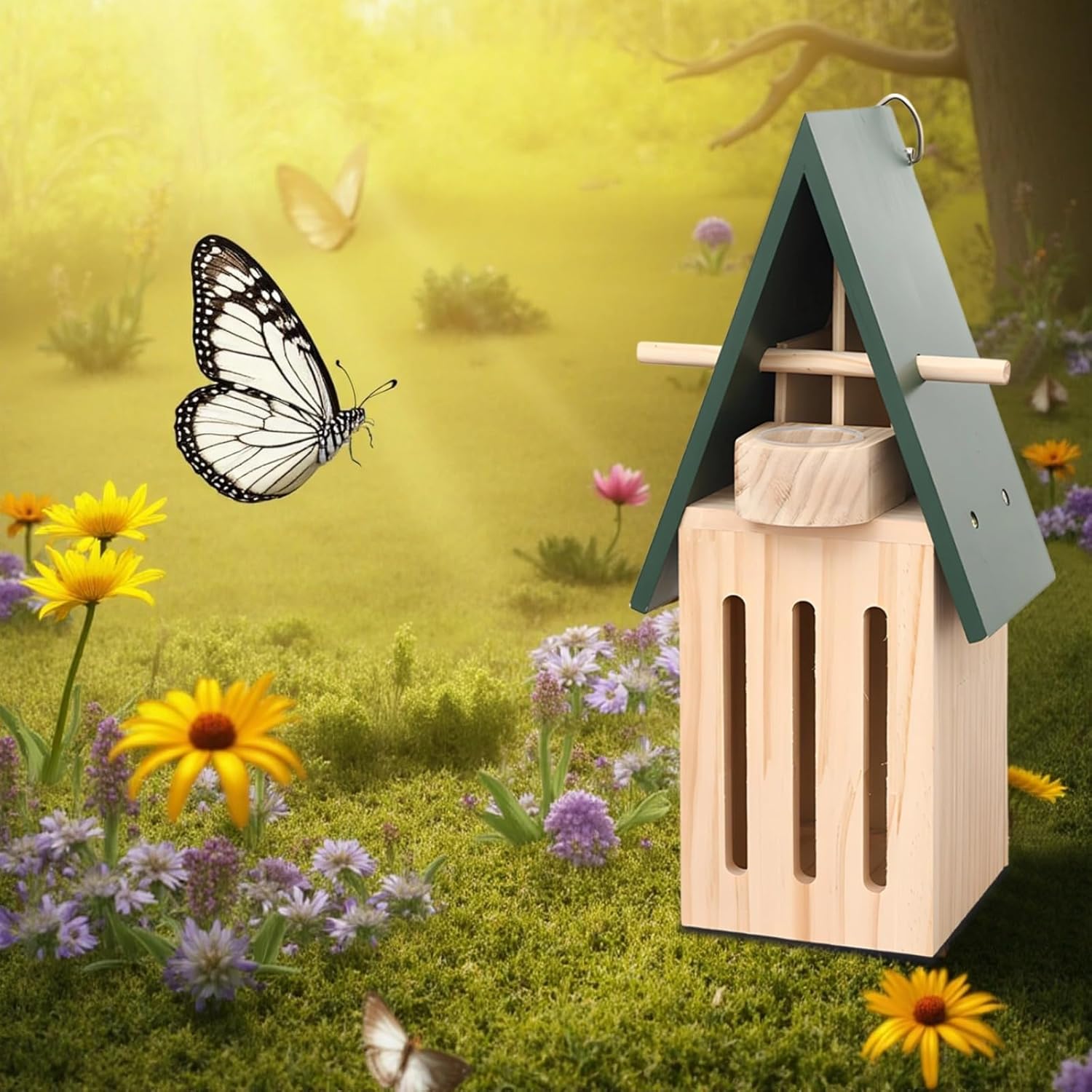 Wooden Butterfly Feeder House, Garden Insect House, 4.7 X 3.5 X 11 in / 12 X 9 X 28 Cm, Butterfly Outdoor Habitat Green & Wood, Includes Metal Hanging Ring, Feeding Tray