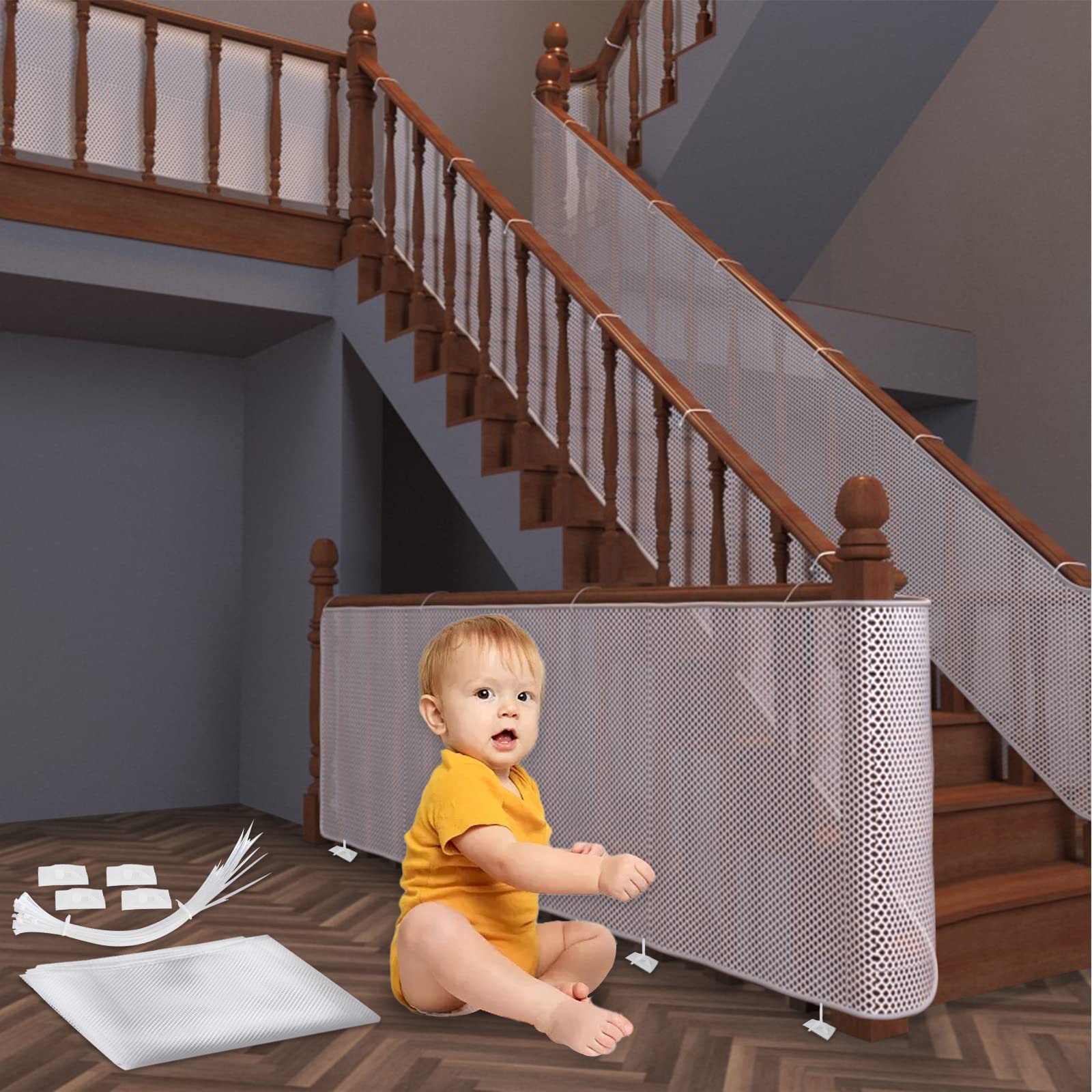 Rete di sicurezza per bambini, rete di protezione per balcone e scala, 300 x 90 cm, robusta, regolabile, recinto per scale, barriera di sicurezza in rete per gatti e giocattoli, bianco