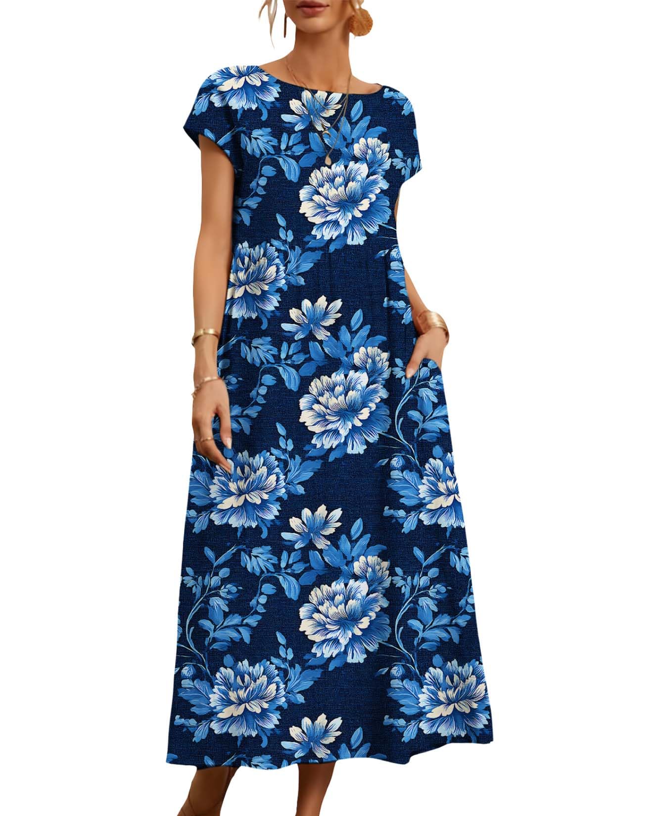 Womens Cotton Linen Dresses Short Sleeve Casual Floral Print Beach Holiday Maxi Dress with Pockets for 2025 Summer