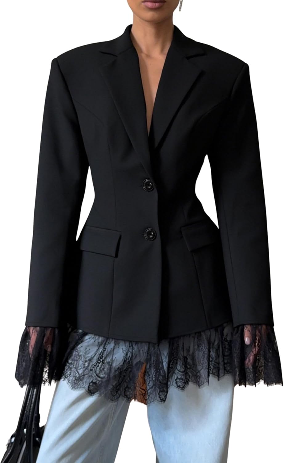 BAIMORE Women's Fashion Temperament Transparent Lace Hem Slim Fit Blazer for Office and Casual Jackets