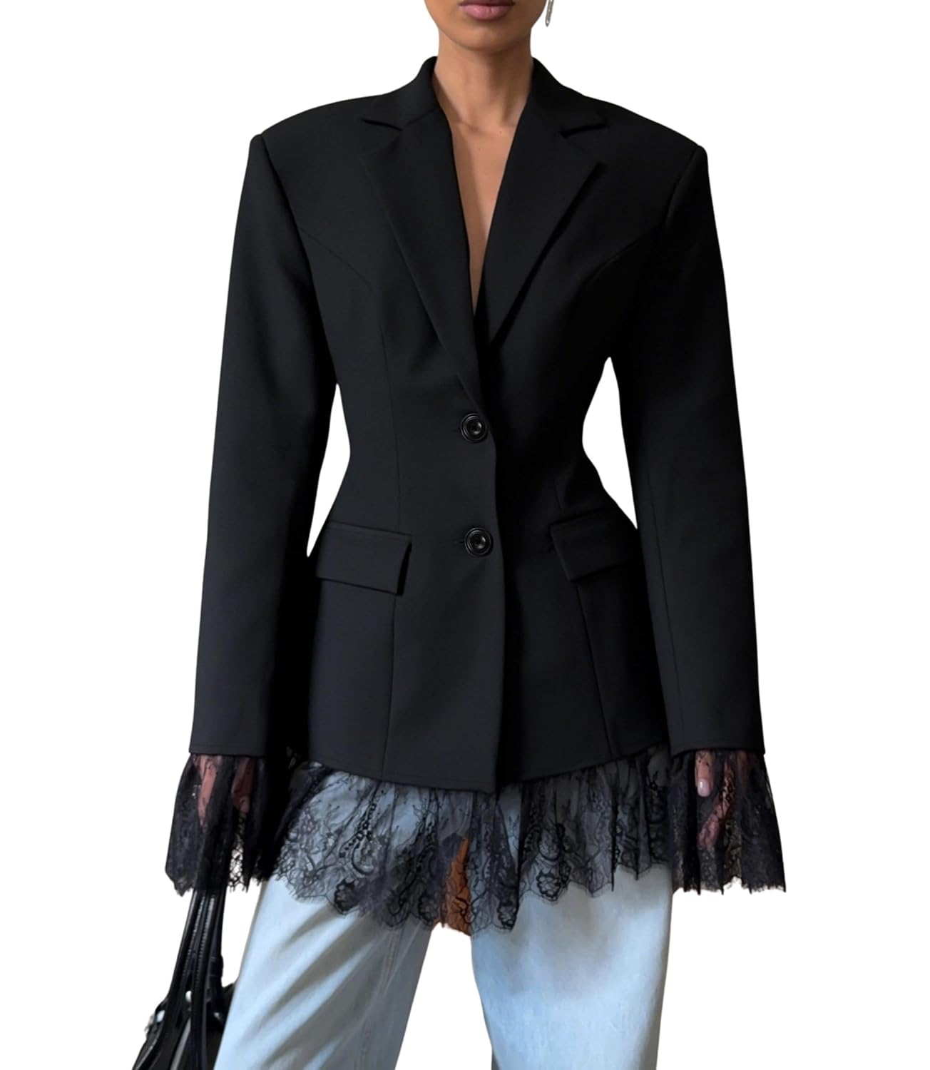 BAIMORE Womens Fashion Temperament Transparent Lace Hem Slim Fit Blazer for Office and Casual Jackets