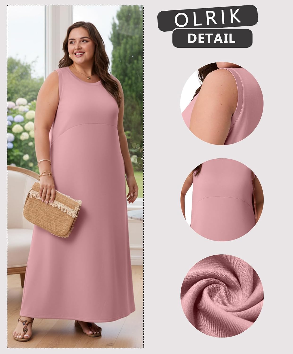 OLRIK Plus Size Maxi Dress for Women Summer Casual Sleeveless Long Sundress with Pockets Elegant Empire Waist - Image 4