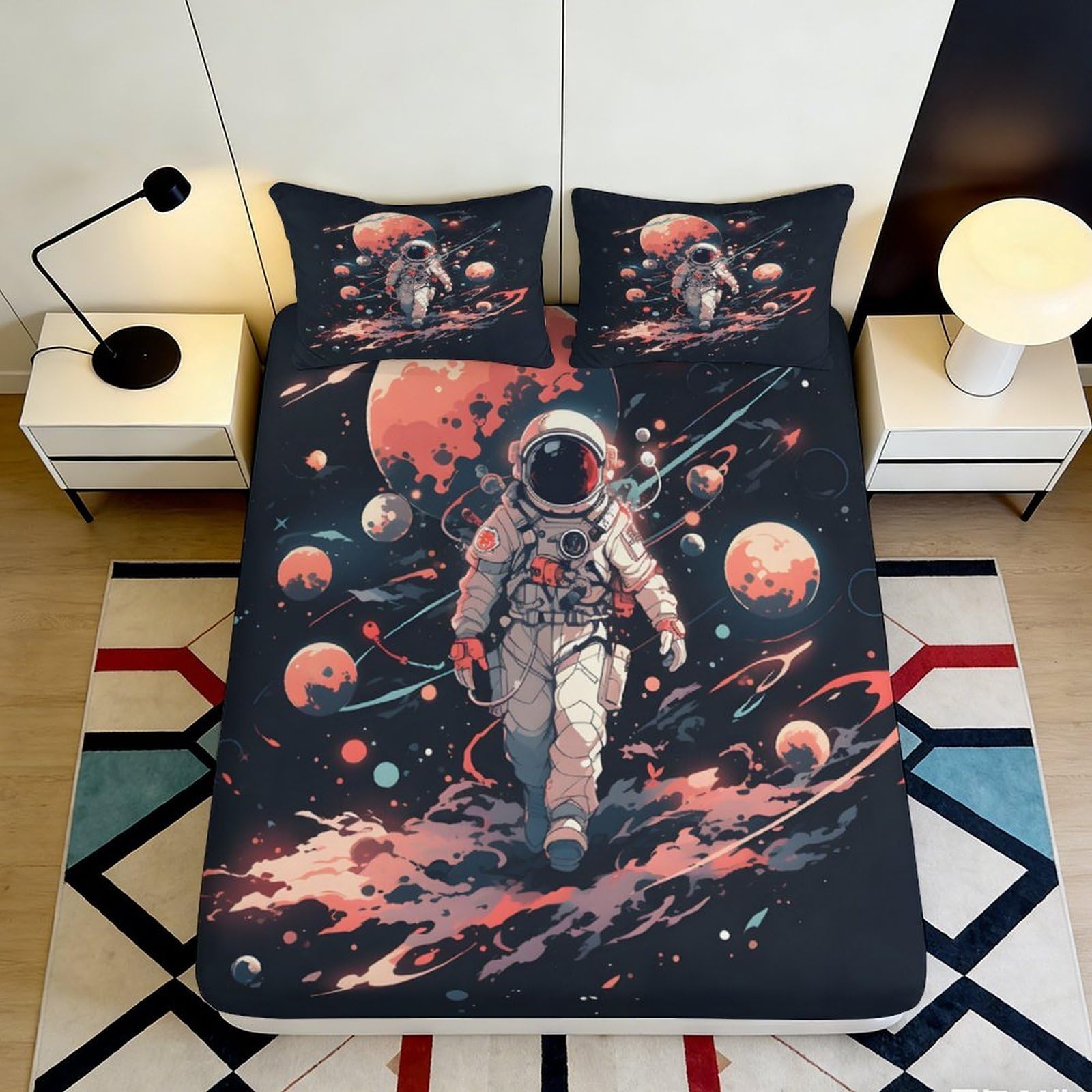 3D Printed Astronaut Fitted Sheet Microfiber Deep Pocket Non-Slip Space Mattress Fitted Cover Bedroom Adult Teen 140x200x25cm