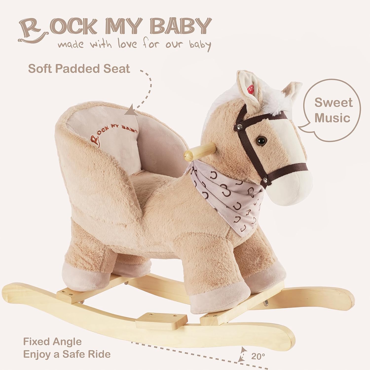 Rocking Horse, Baby Animal Rocking Horse with Seat, Ride on Horse, Plush Rocking Horse with Realistic Sound, Wooden Rocking Horses Ages 1-3 (Caramel Color Horse), CPC Certified