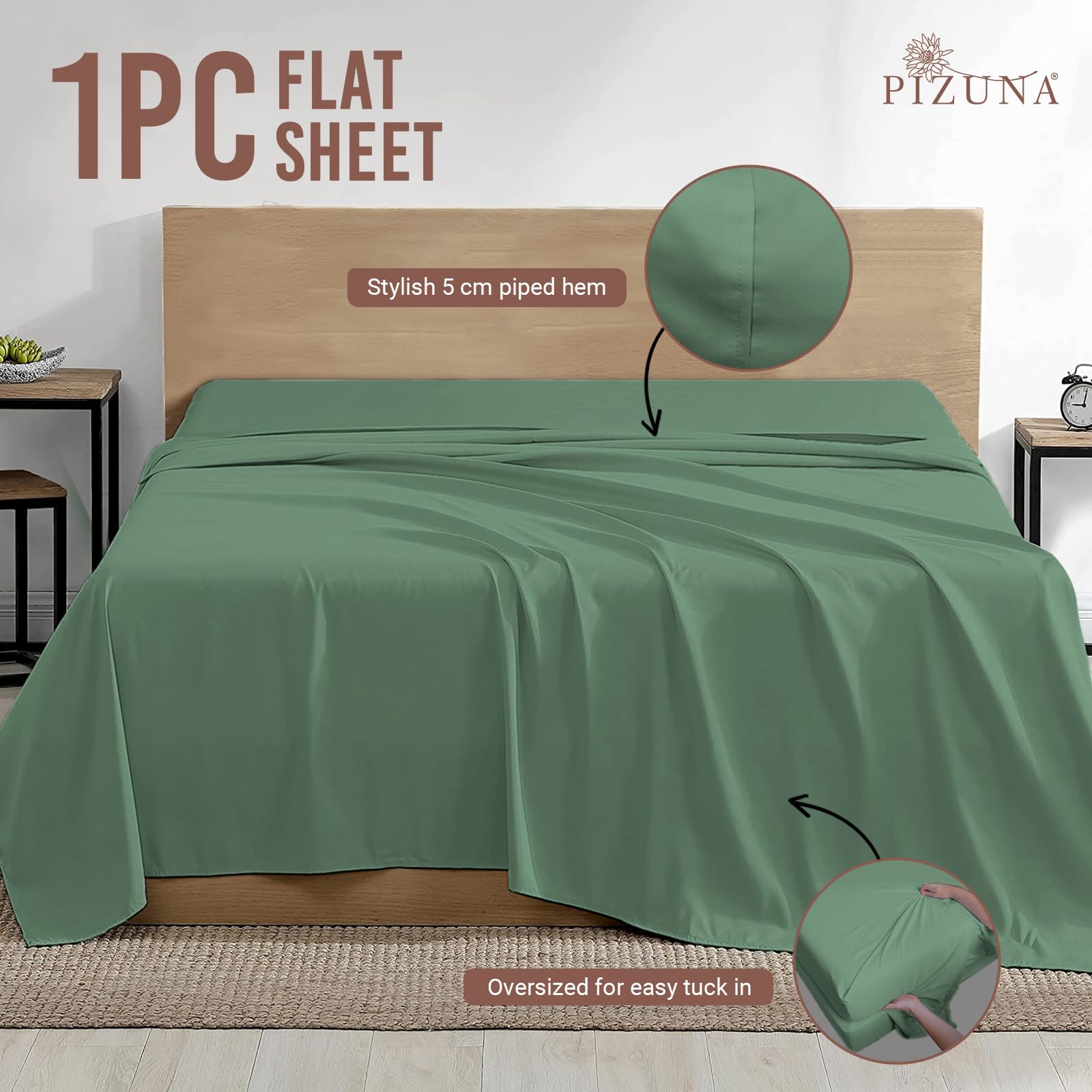 Pizuna 100% Cotton Super King Flat Sheet Hedge Green, 400 Thread Count Long Staple Cotton Flat Sheet Super King 300x280 cm - Image 3