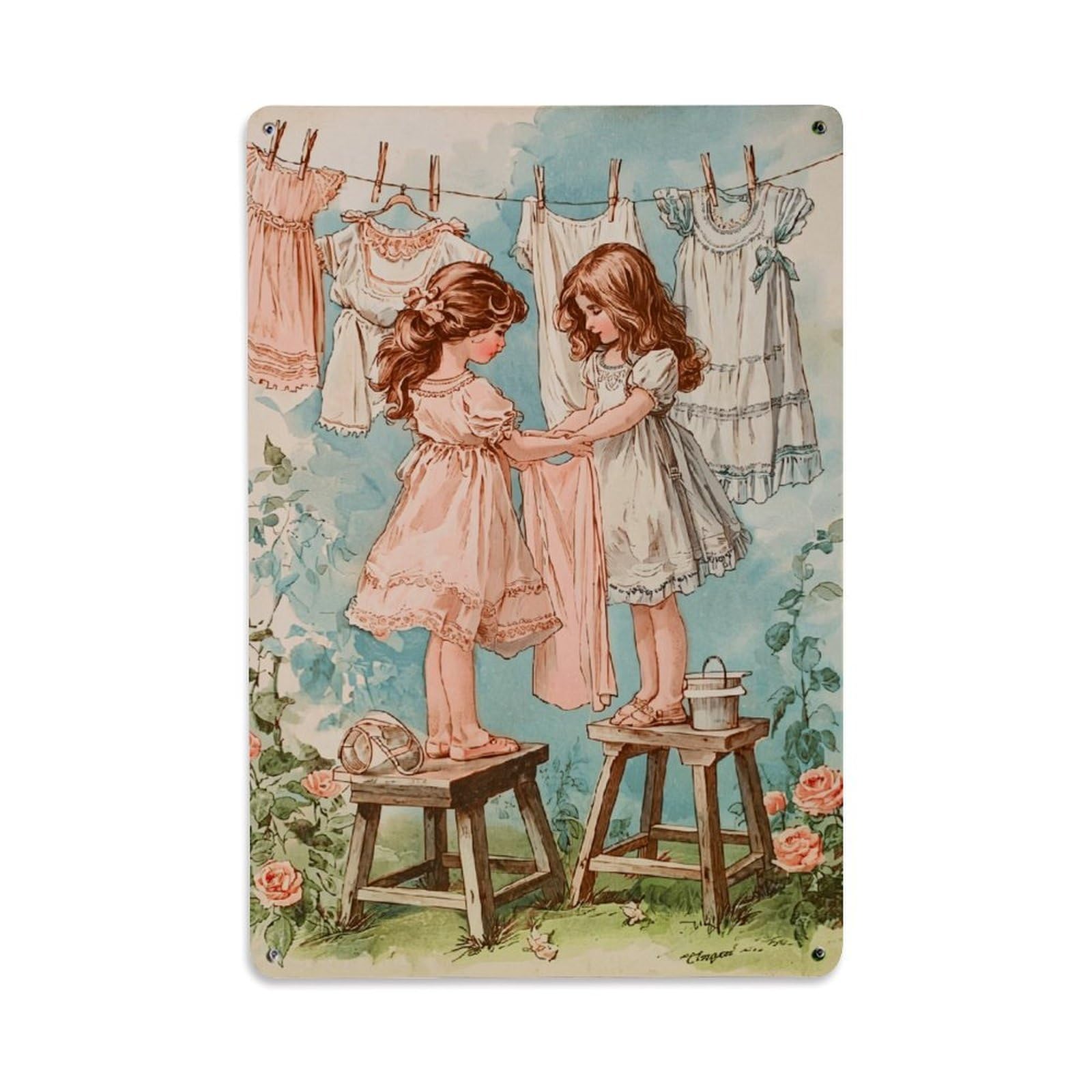Nestemfo Girls Vintage Hanging Laundry Clothes Tin Sign Metal Sign, Living Room,Bar, Home, Bedroom Wall Decor,Retro Metal Poster 8X12 Inches
