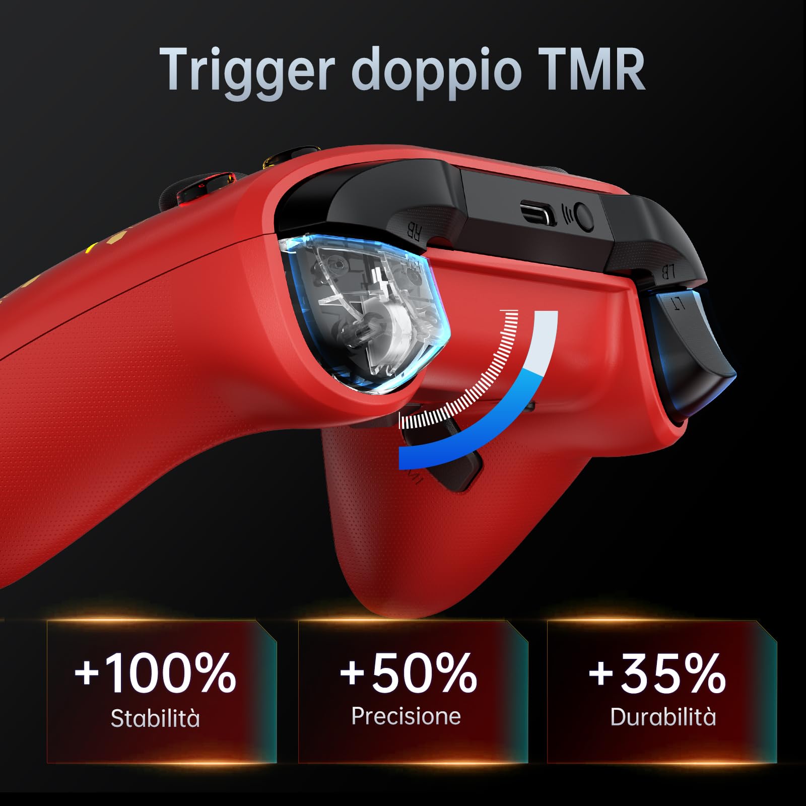 Machenike G6V2 Controller, 2 motori a bobina mobile HD, joystick TMR con coppia regolabile, 2 trigger TMR, pulsanti ABXY facilmente intercambiabili, 4 pulsanti programmabili, 1000 Hz, 1200 mAh, Rosso