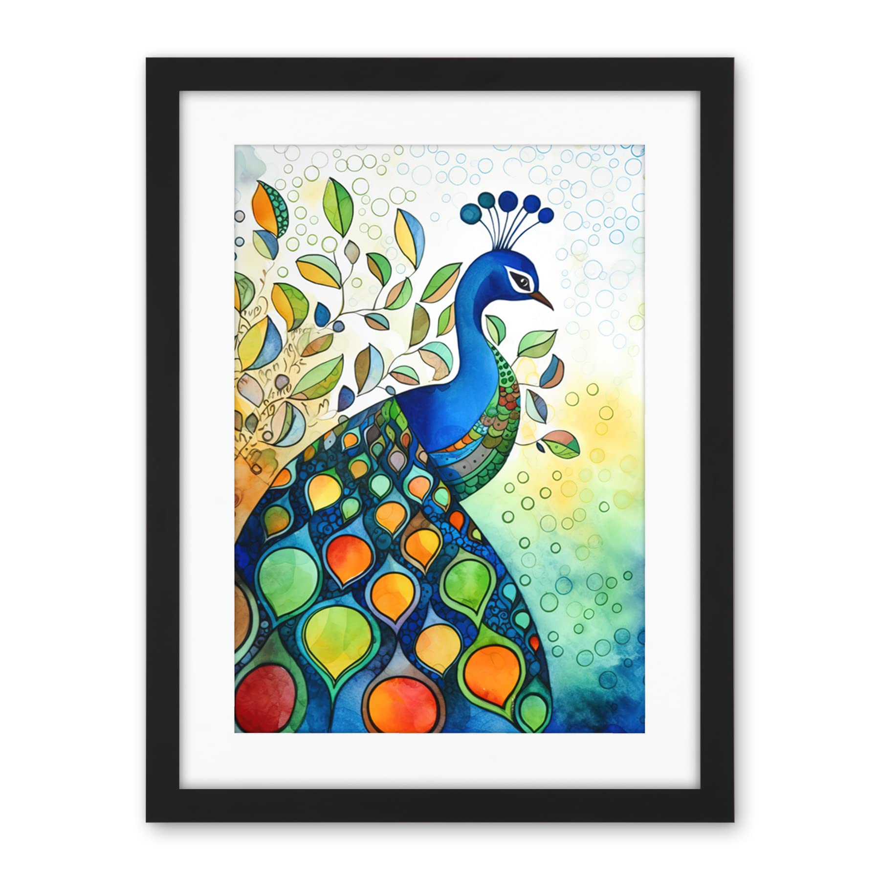 Artery8 Peacock Bird Folk Art Watercolour Painting Artwork Framed Wall Art Print 18X24 Inch