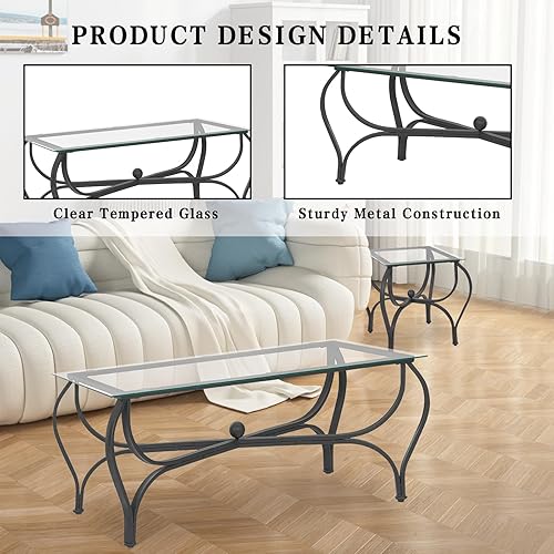 Miniatura 6 de Juego de 3 mesas auxiliares de vidrio templado, mesa auxiliar rectangular con 2 mesas auxiliares cuadradas, modernas mesas de sala de estar con