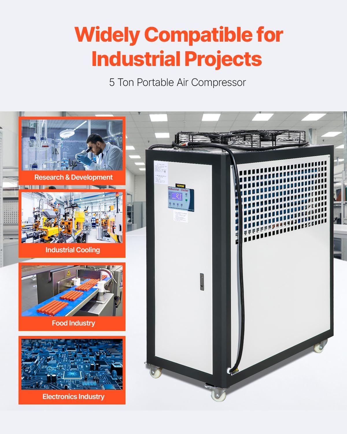 VEVOR Air Cooled Water Chiller, 5 Ton Portable, 5HP/3.75KW Compressor Motor, 53L Capacity Stainless Steel Water Tank, Finned Condenser with Micro-Computer Control, Industrial Chiller for Cooling Water