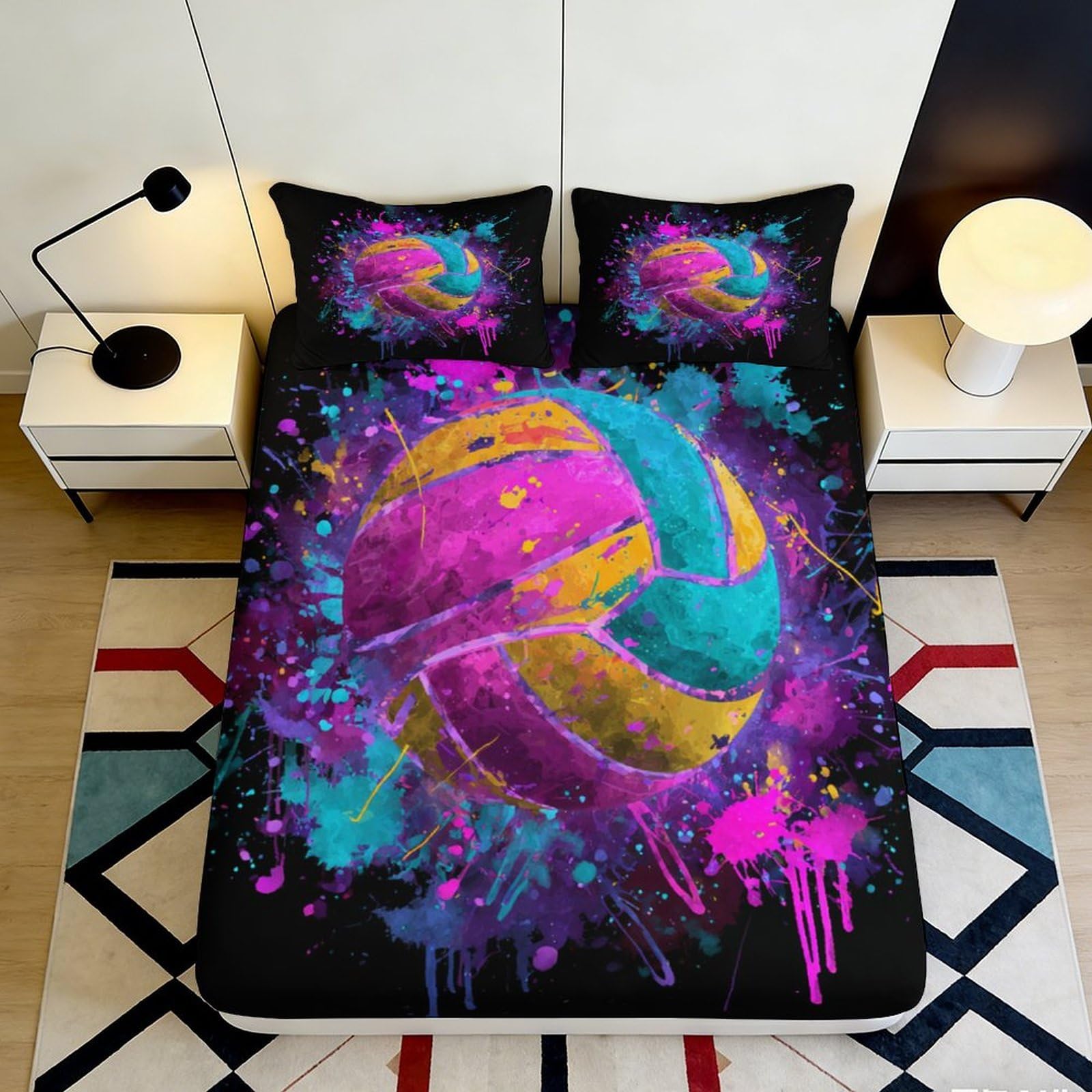 3D Printed Graffiti Volleyball Fitted Sheet Microfiber Colourful Art Mattress Cover for Bedroom Dorm Bed Decor 113 180x200x25cm