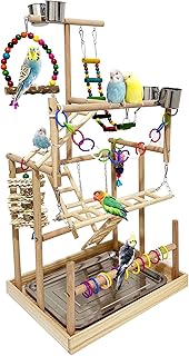 5 Layers Large Bird Playground Natural Wood Parrot Play Stand Birds Perch Stand Gym Parakeet Birds Cage Accessories with Removable Tray and 4 Stainless Steel Cups for Cockatiel Cockatoos Finch