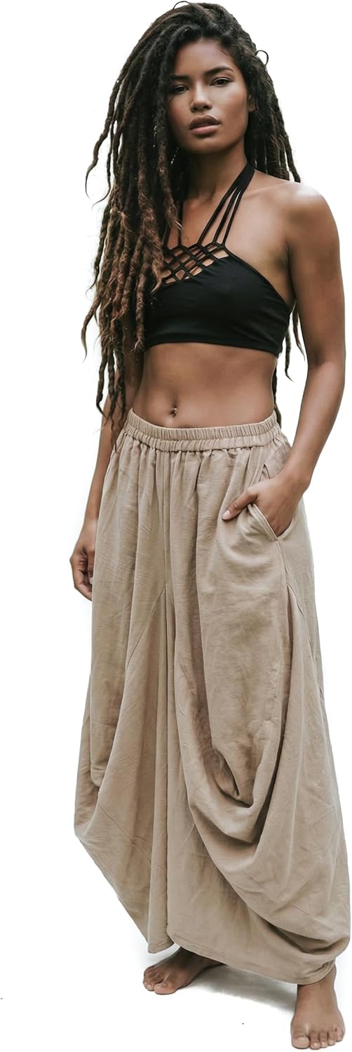 Thaluta Women's Boho Maxi Skirt with Pockets - Organic Cotton Long Flowy Skirt, Casual Elastic Waist Skirt for Vacation
