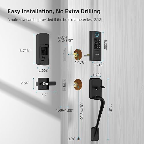 Miniatura 5 de Juego de cerradura inteligente para puerta delantera cerrojo de seguridad HEANTLE sin llave con asa, cerrojo inteligente de huellas dactilares,