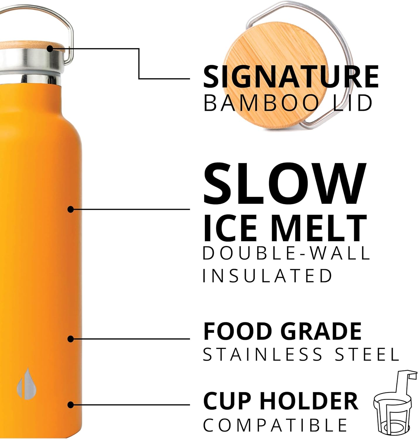 Elemental Classic Stainless Steel Water Bottle - 25oz Leak Proof Double Wall Insulated Water Bottle for Travel, Gym, Sports and Hydration - Thermos Water Bottles with Bamboo Lid - Citrus