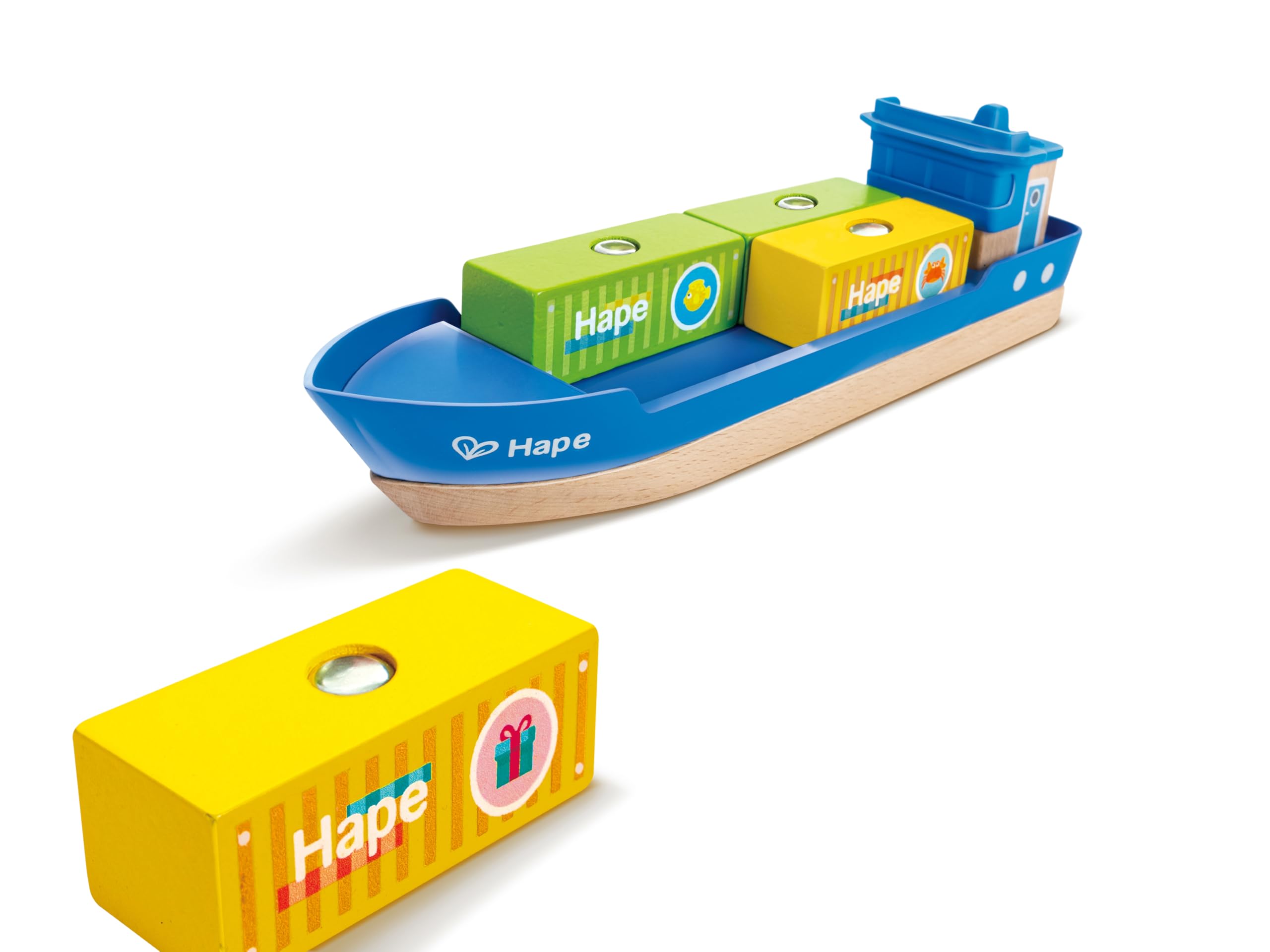 Hape Bahn- und Seefracht Set - Eisenbahn für Kinder, Holz-Frachtzug und Frachtschiff mit Kran, 2-in-1 Eisenbahn- und Hafen-Spielset, ab 3 Jahren