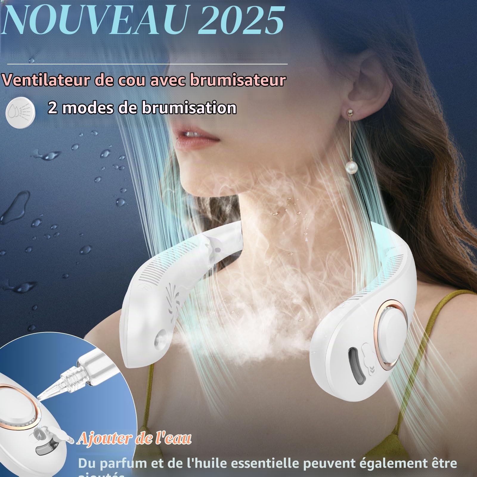 Ventilateur de cou avec brumisateur à spray soufflant de l'air froid, pliable, 4000 mAh, portable, rechargeable par USB, à batterie, avec brumisateur, sans pale, pour voyager