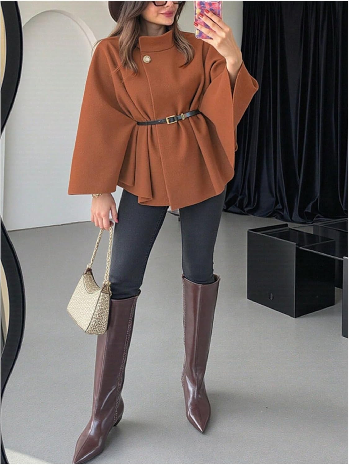 MakeMeChic Women's Poncho Pea Cape Coat Mock Neck 3/4 Sleeve Belted Business Jacket Outerwear - Image 3