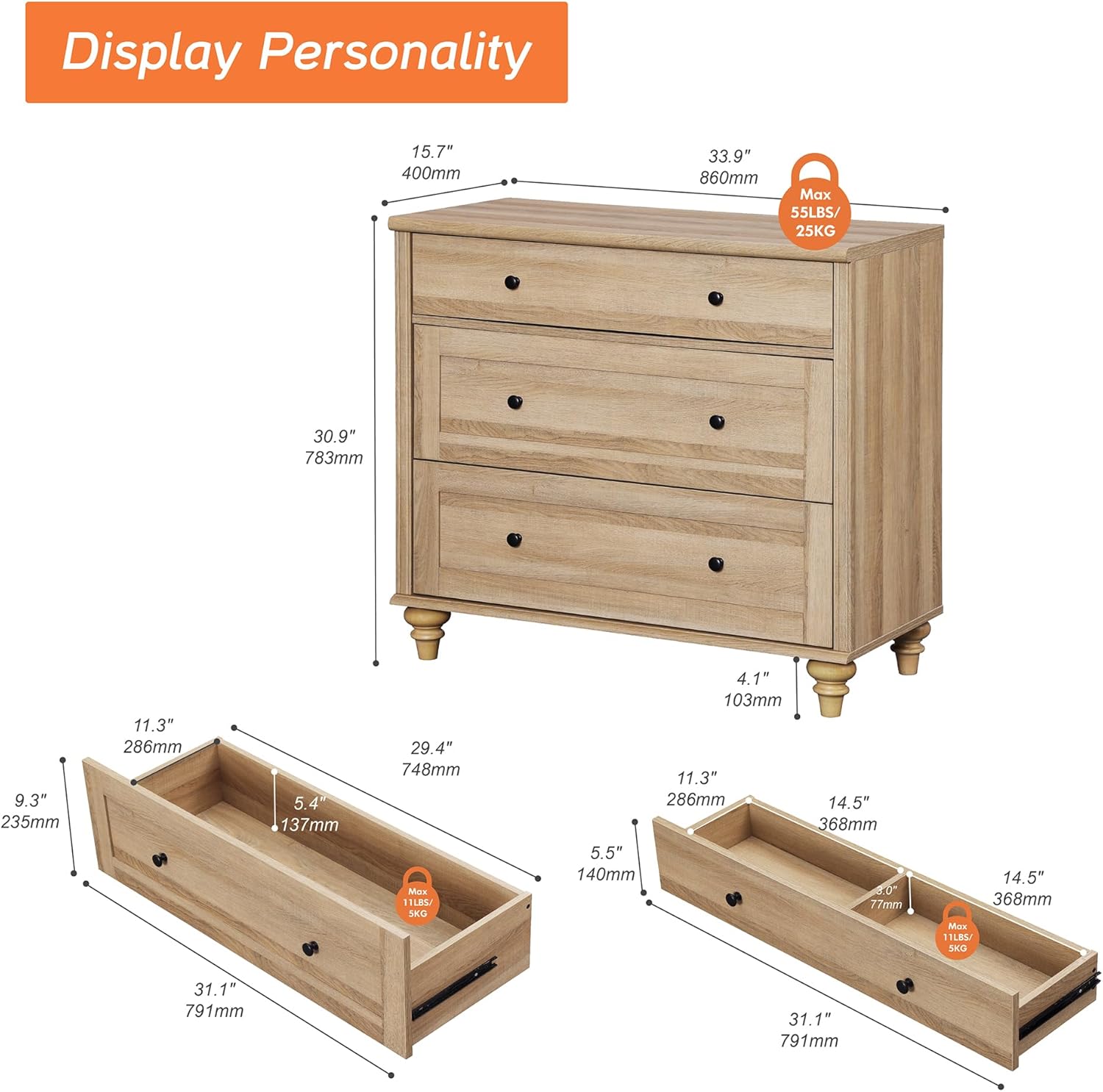 WAMPAT Dresser for Bedroom with 3 Drawers, Oak Kids Dressers with Wide Chest of Drawers, Mid Century Modern Wooden Closet Storage Organizer, Small Dressers for Nursery, Hallway, Living Room