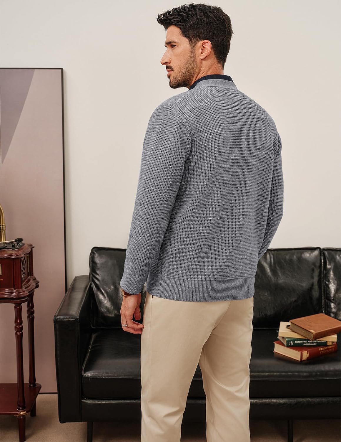 PJ PAUL JONES Mens Waffle Textured Cardigan Sweater Long Sleeve V-Neck Knitted Sweaters - Image 2