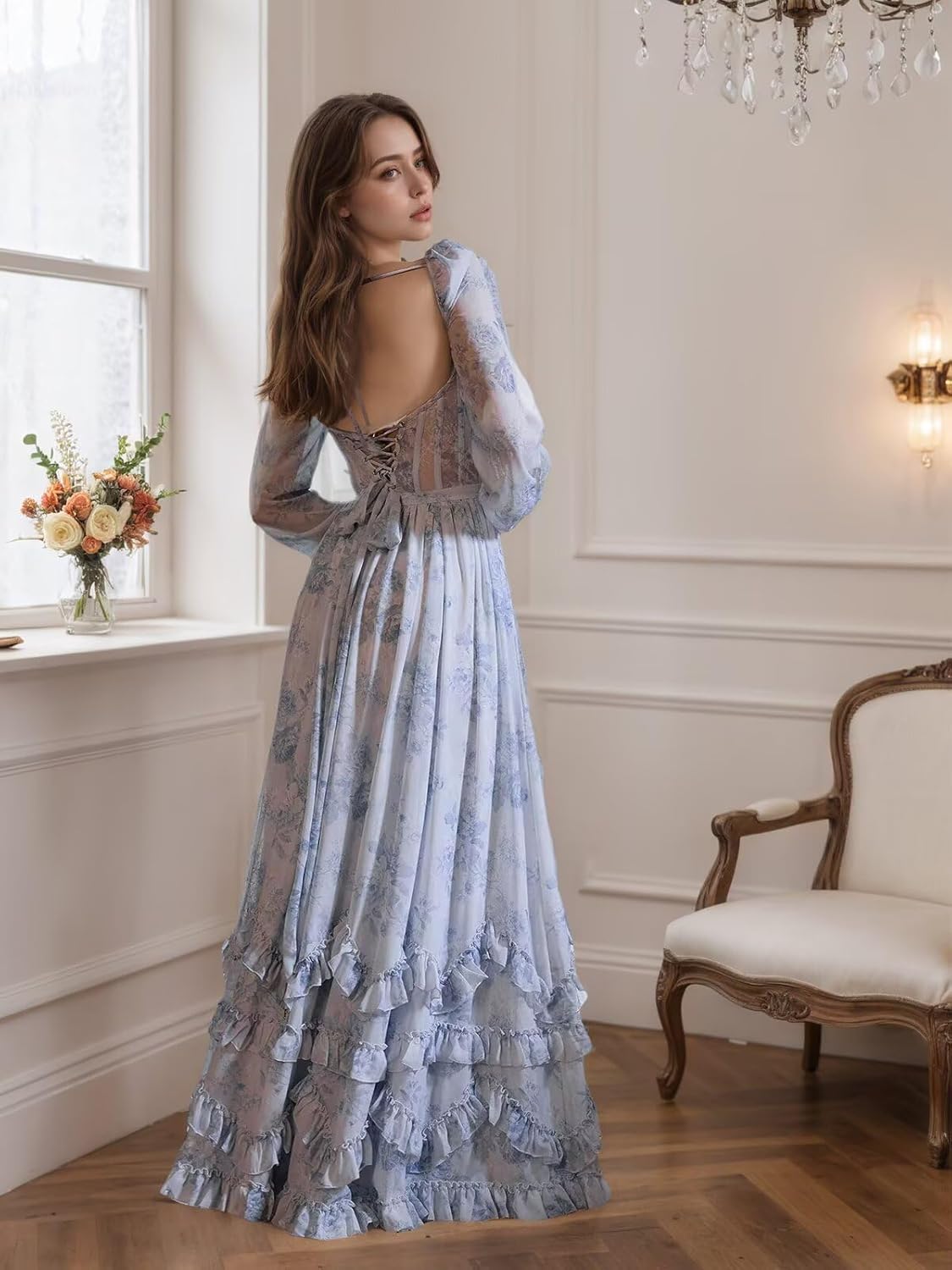 Women's Long Sleeve Bridesmaid Dresses for Wedding with Slit Ruffle Chiffon Formal Evening Party Dress - Image 3