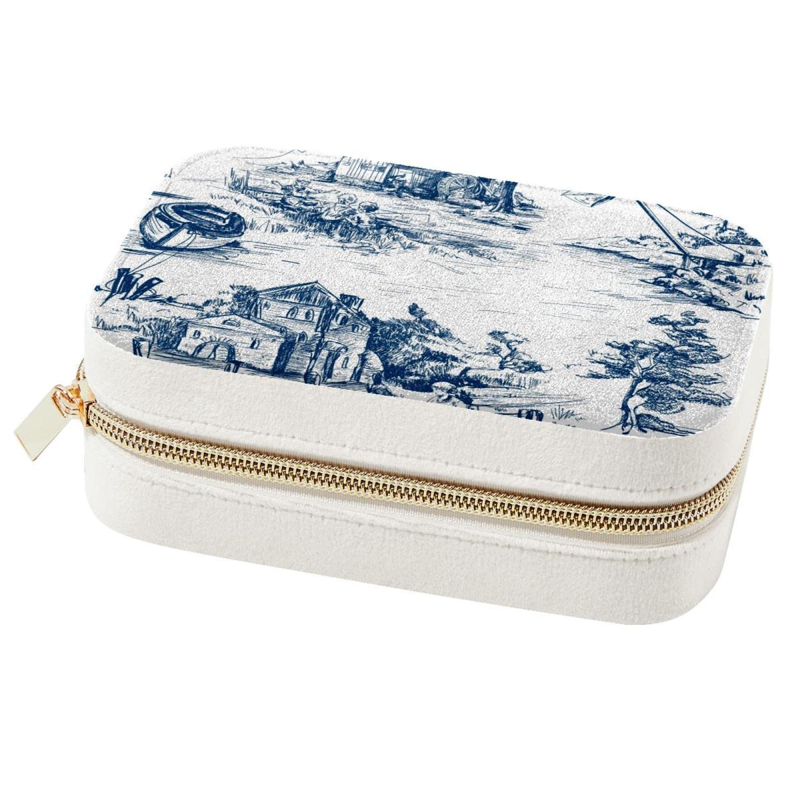 Sac de rangement pour bijoux motif village de vieille ville blanc bleu