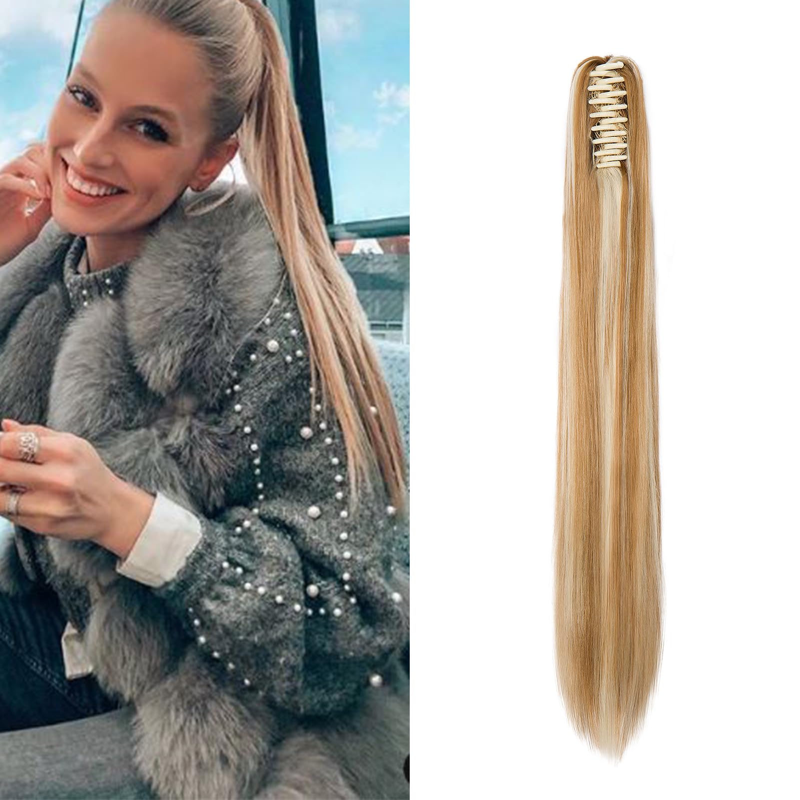 Dcbaboo 22inch Claw Clip in Ponytail Hair Extensions Long Straight Ponytail Extension Synthetic Pony tails Natural Wave One Piece Hairpiece Fake Ponytail for Women Dark Blonde/Bleach Blonde
