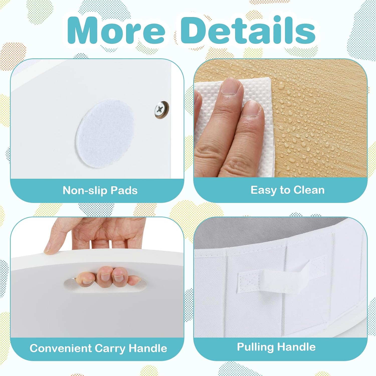 Close-up images showing non-slip pads, easy-to-clean surface, convenient carry handle, and pulling handle for drawers