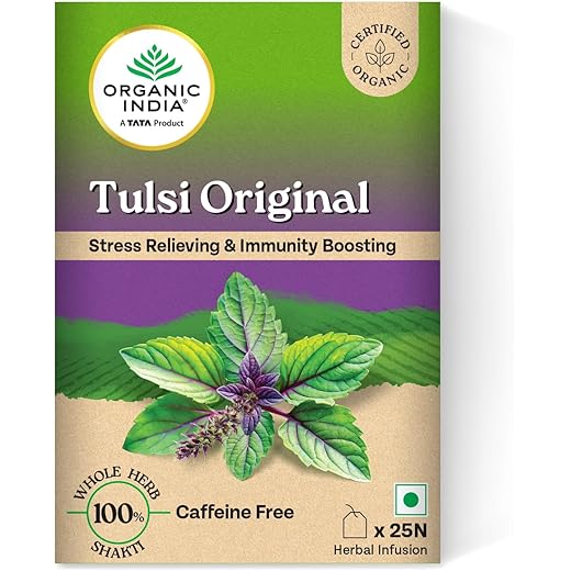 A TATA Product - Organic India Tulsi Original - 25 Tea Bags, Caffeine-Free Herbal Tea with Tulsi, Natural Detoxifier, Rich in Antioxidants, Convenient Staple-Free Bag