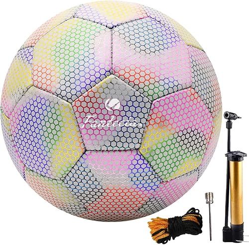Balón de fútbol reflectante con bomba, brillante tamaño 5 para niñas, pelota de fútbol de entrenamiento para jóvenes y adultos